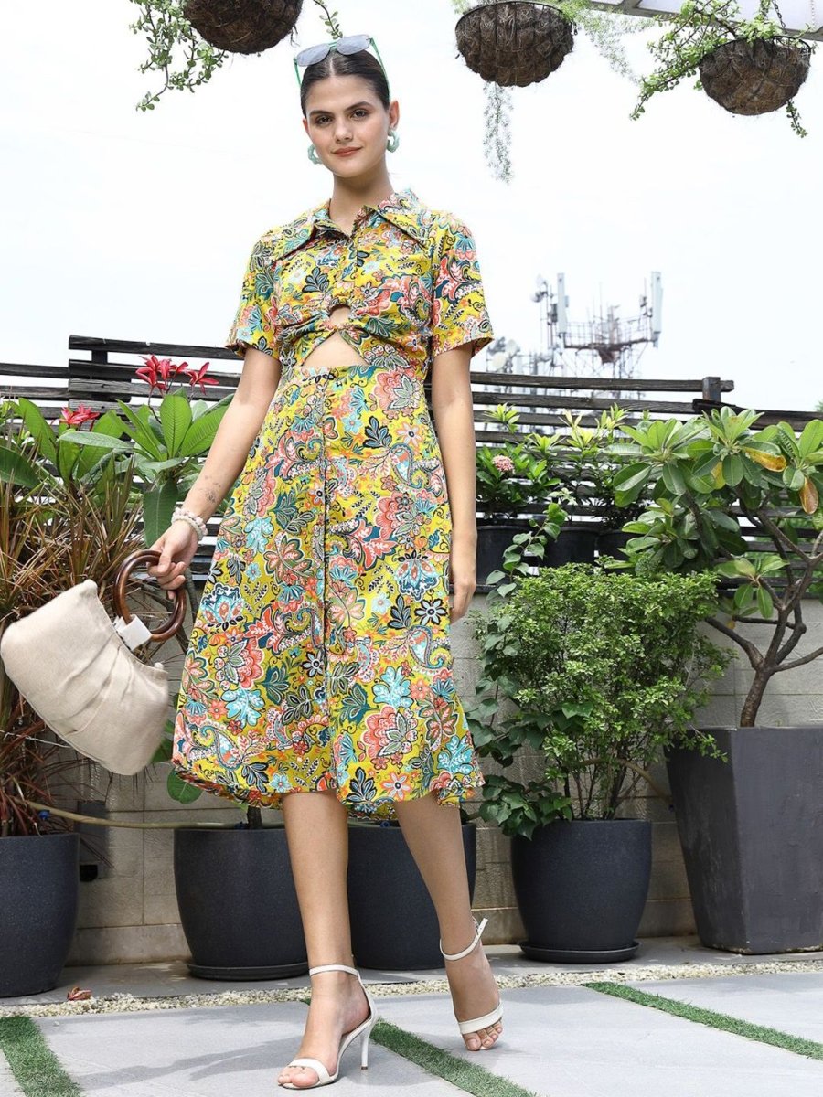 Floral Printed Shirt Collar Short Sleeves Shirt Dress Yellow