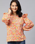 Floral Print Puff Sleeves Ruffled Top