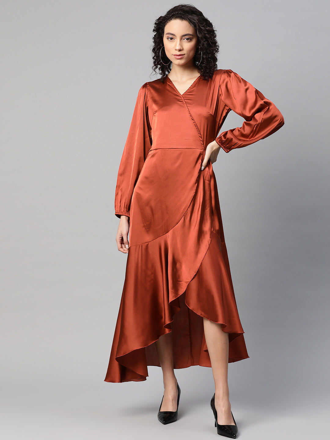 Women Rust Orange Satin Finish Solid Maxi Wrap Dress