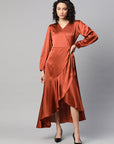 Women Rust Orange Satin Finish Solid Maxi Wrap Dress