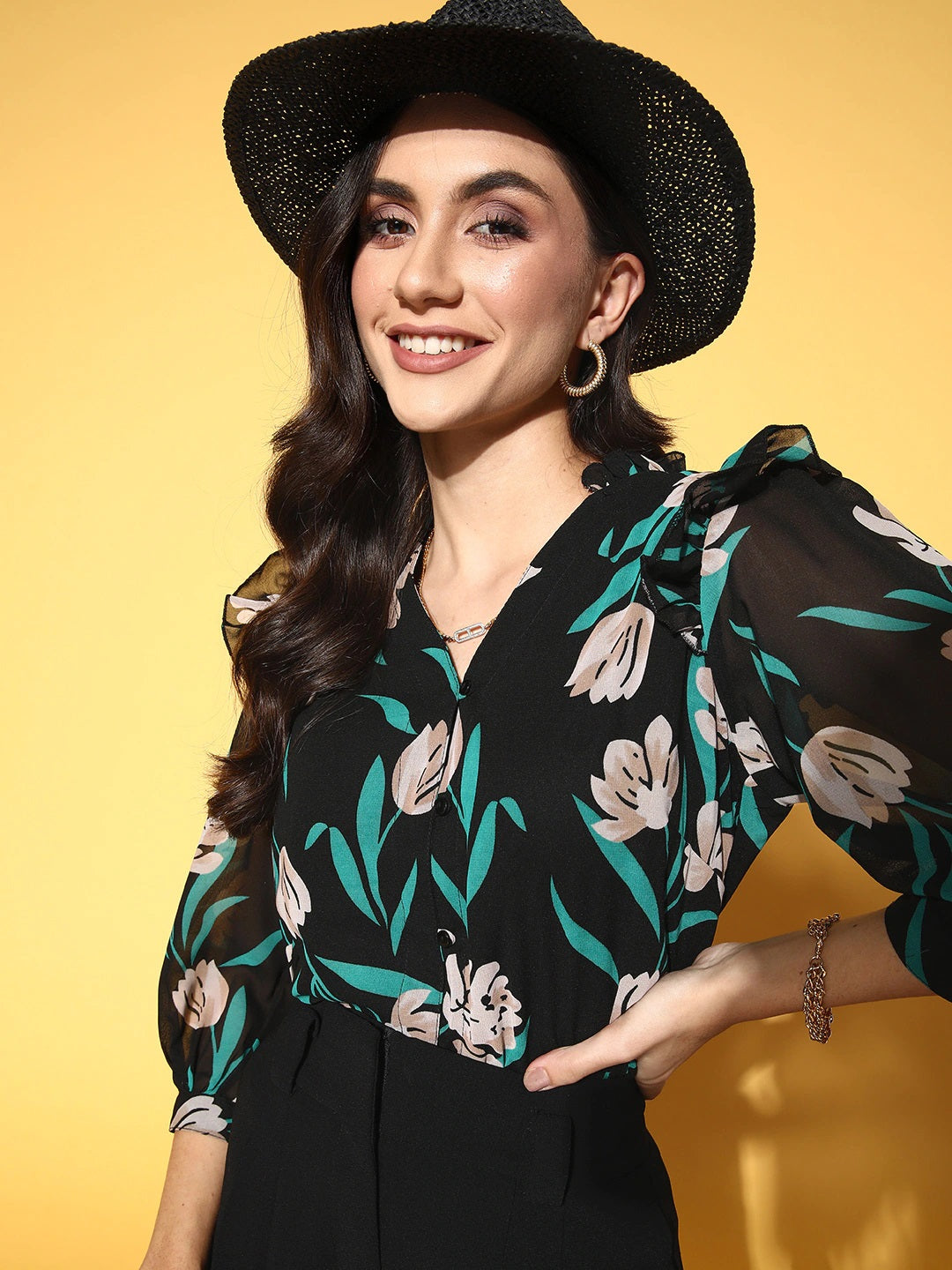 Black Floral Volume Play Top