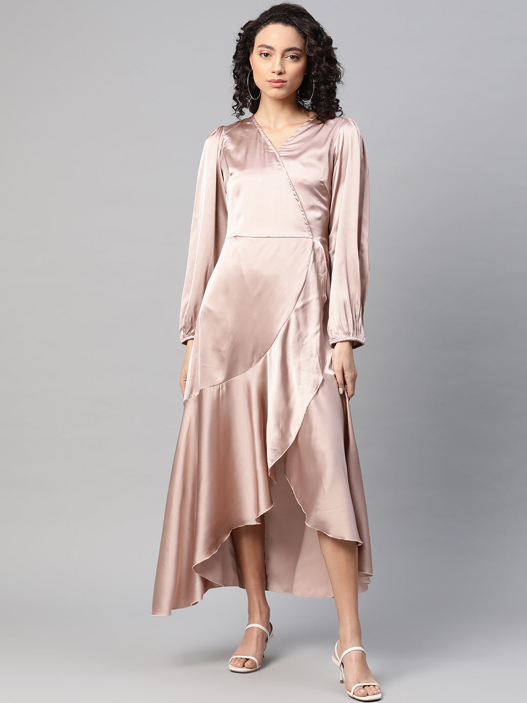 Women Peach-Coloured Satin Finish Solid Maxi Wrap Dress