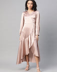 Women Peach-Coloured Satin Finish Solid Maxi Wrap Dress