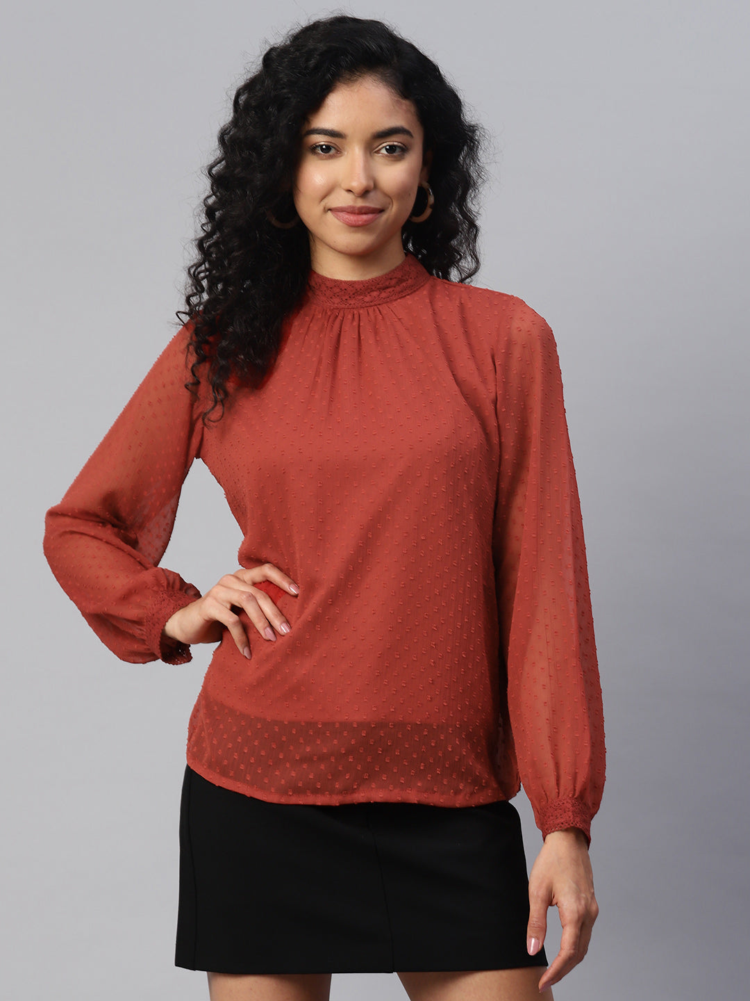 High Neck Puff Sleeves Georgette Top With Lace Inserts