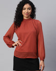 High Neck Puff Sleeves Georgette Top With Lace Inserts