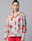 Women Pink Floral Printed Casual Buttoned Top