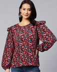 Floral Print Puff Sleeves Ruffled Top