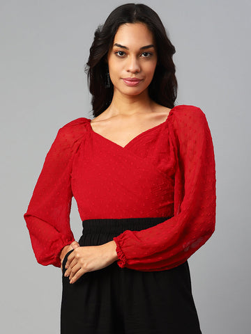 Red Sweetheart Neck Smocked Wrap Top