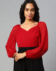Red Sweetheart Neck Smocked Wrap Top