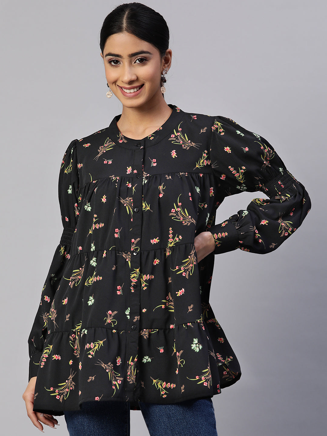Floral Print Georgette Longline Top