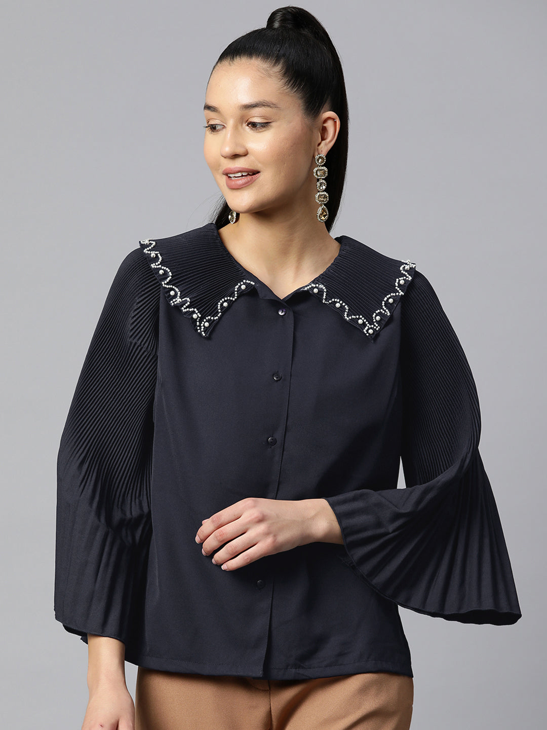 Navy Blue Shirt Style Top