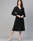 Black Accordion Pleated Wrap Dress