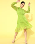 Green Self -Design Tiered Dress