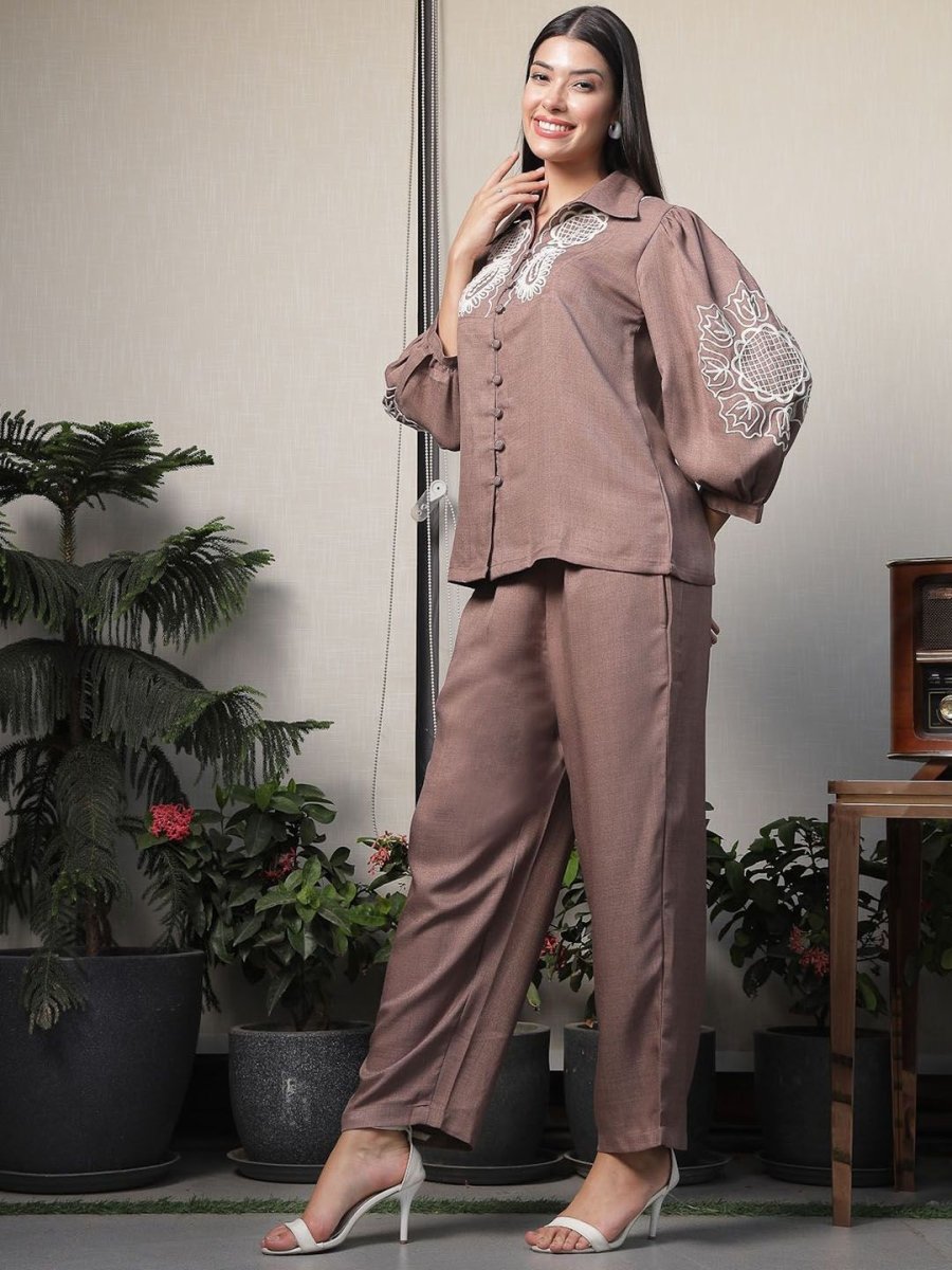 Shirt Collar Embroidered Cotton Shirt With Trousers Co-Ords Set brown
