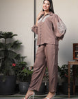 Shirt Collar Embroidered Cotton Shirt With Trousers Co-Ords Set brown