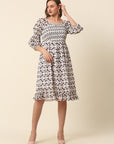 White  Black Monochrome Geometric Printed Puff Sleeves Smocked A-Line Dress