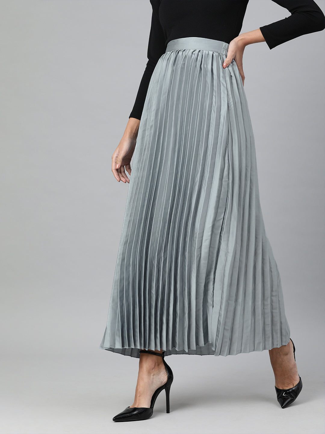 CINK Blue Satin Finish Accordion Pleated A-Line Skirt