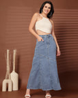 Solid Light Blue Mermaid Flared Maxi Skirts
