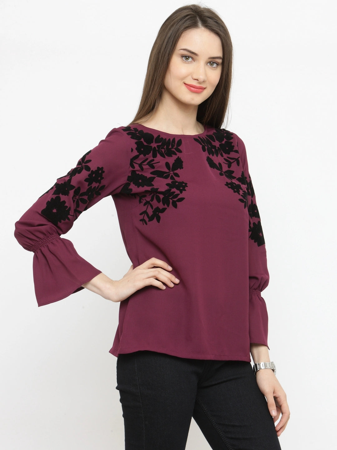 Burgundy Floral Bell Sleeves A-Line Top