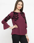 Burgundy Floral Bell Sleeves A-Line Top