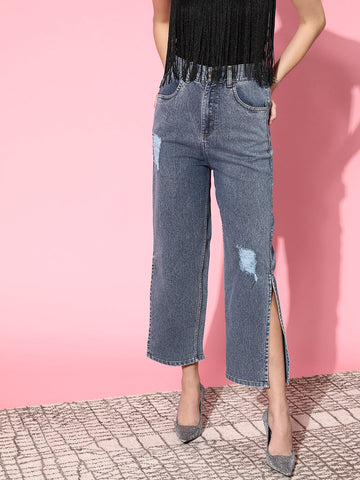 Women Blue Low Distress Slit Stretchable Jeans