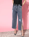 Women Blue Low Distress Slit Stretchable Jeans