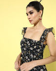 Women Black Floral Print A-Line Dress