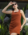 Sleeveless designs square neckline dress Brown