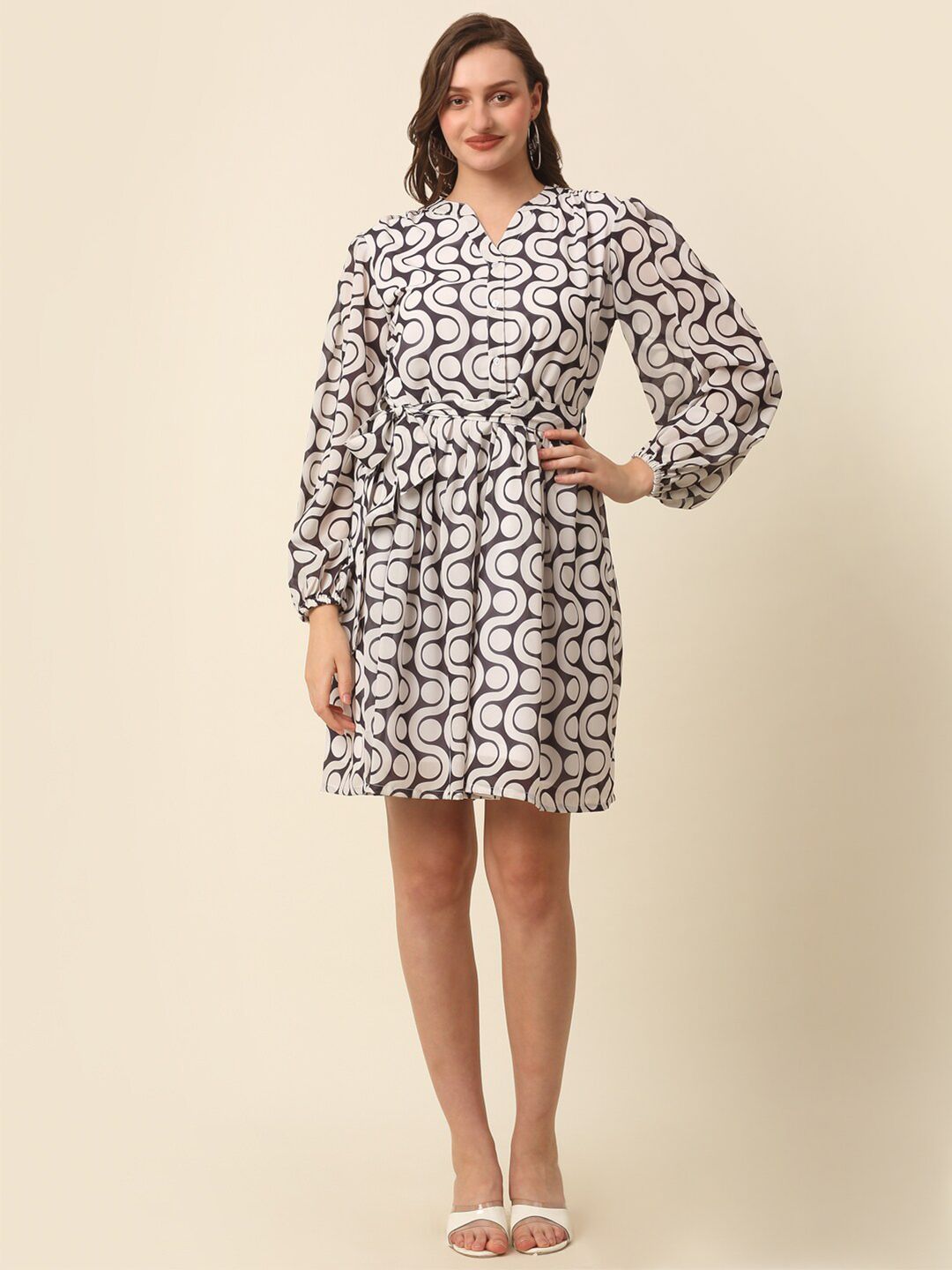White  Black Monochrome Geometric Printed Puff Sleeves Gathered Fit  Flare Dress