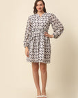 White  Black Monochrome Geometric Printed Puff Sleeves Gathered Fit  Flare Dress