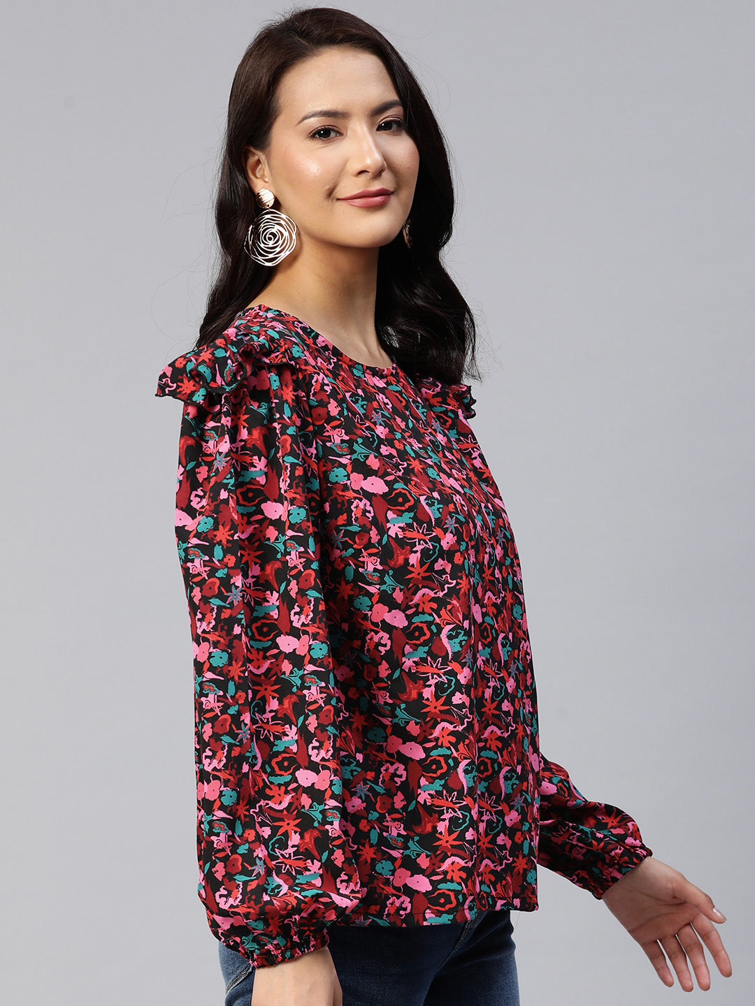 Floral Print Puff Sleeves Ruffled Top