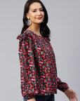 Floral Print Puff Sleeves Ruffled Top