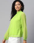 High Neck Puff Sleeves Georgette Top With Lace Inserts