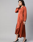 Women Rust Orange Satin Finish Solid Maxi Wrap Dress