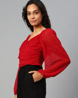 Red Sweetheart Neck Smocked Wrap Top