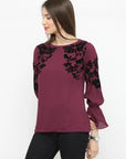 Burgundy Floral Bell Sleeves A-Line Top
