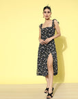 Women Black Floral Print A-Line Dress