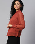 High Neck Puff Sleeves Georgette Top With Lace Inserts