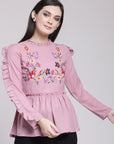 CINK Mauve Embroidered Cinched Waist Top