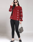 CINK Maroon Geometric Embroidered Boxy Top