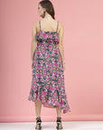 Violet  Black Floral Printed Shoulder Straps A-Line Midi Dress