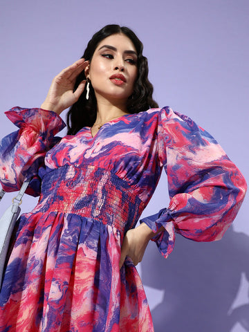 Women Blue Abstract Smocked Dress