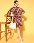 Rust Floral Tie-Up Neck Georgette A-Line Dress