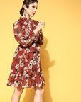 Rust Floral Tie-Up Neck Georgette A-Line Dress