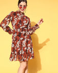 Rust Floral Tie-Up Neck Georgette A-Line Dress
