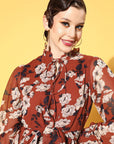 Rust Floral Tie-Up Neck Georgette A-Line Dress