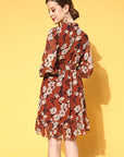 Rust Floral Tie-Up Neck Georgette A-Line Dress