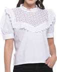 White Schiffli Puff Sleeves Pure Cotton Laced Regular Top