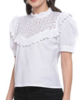 White Schiffli Puff Sleeves Pure Cotton Laced Regular Top