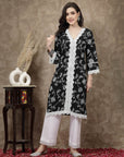 Black Ethnic Motifs Printed Thread Work Cotton Straight Kurta